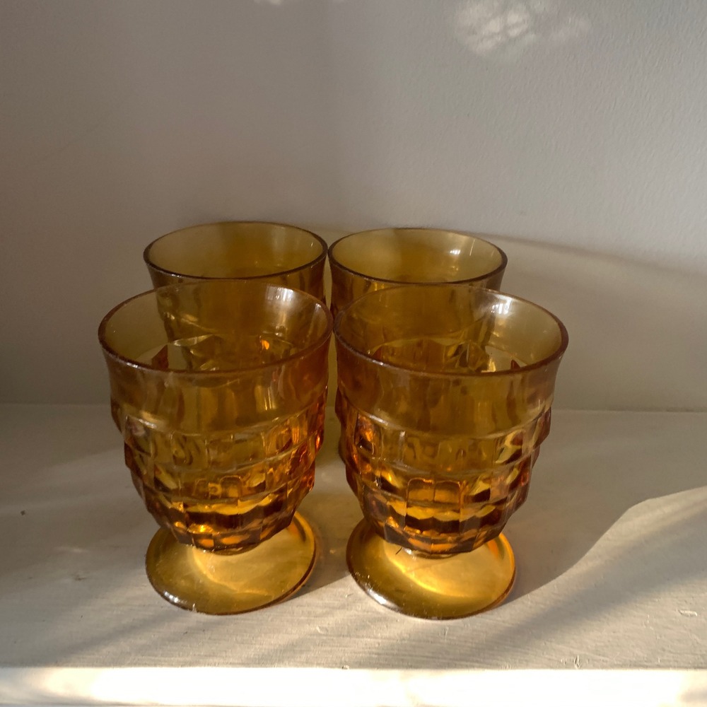 Vintage Amber Glass Whitehall Cubist Footed Goblets Set of 4 Mid Century Modern